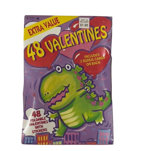 Vintage 1995 Valentine Cards 48 Dinosaur Cards Foldable & Stickers New Old Stock - Picture 1 of 3